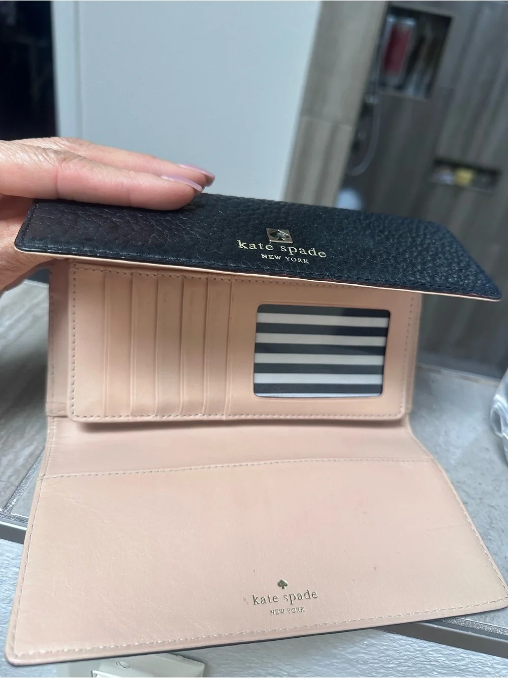 kate spade Black Pebbled Leather Wallet with Gold Logo
